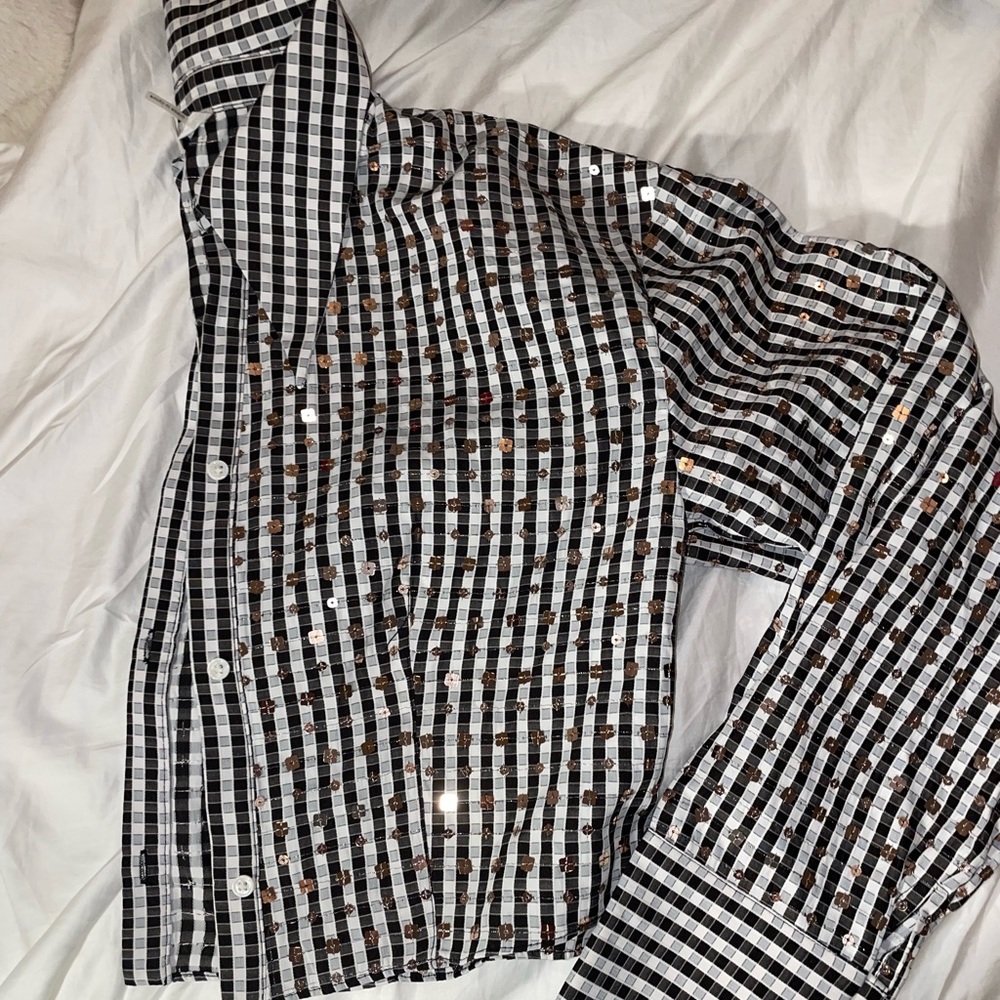 grey lab checkered sequin cropped button down size large NWOT